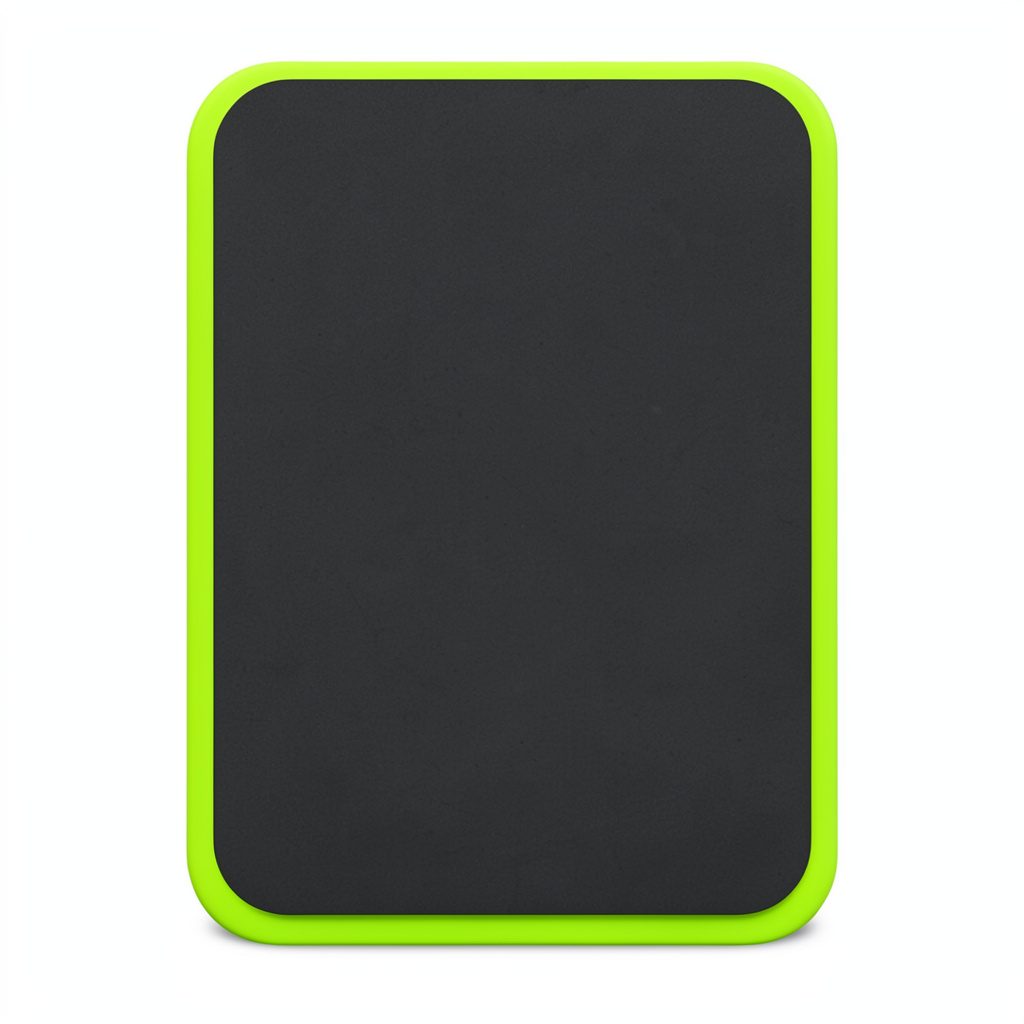 Charcoal rounded card framed by a thin lime border and center highlight.