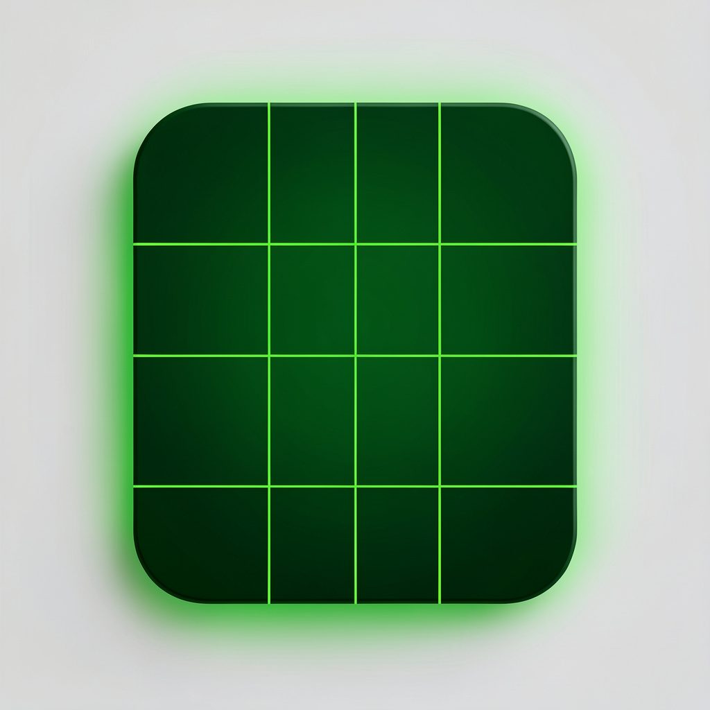 Dark green rounded placeholder card with lime grid lines and a soft glow.