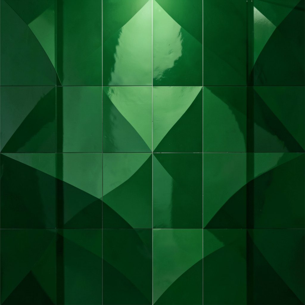 Dark green tile with mirrored geometric pattern in muted lime and shadow.